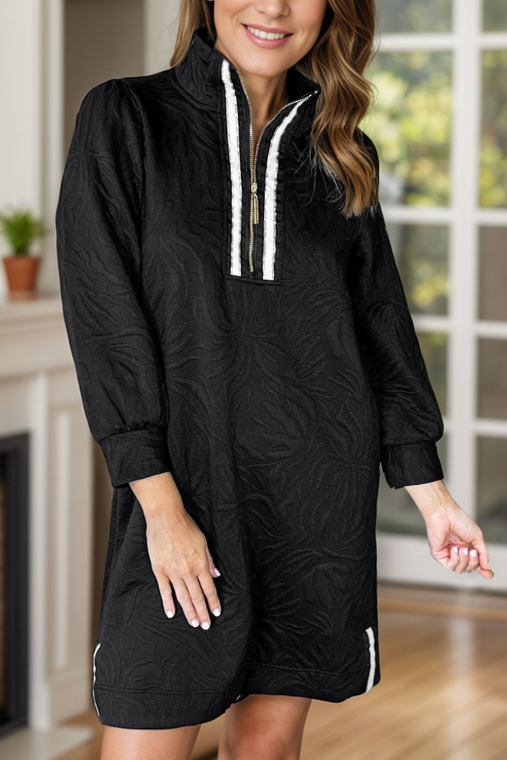 Classic Textured Zip Mini Dress Trendy Long Sleeve Dress for Women Modern Dress