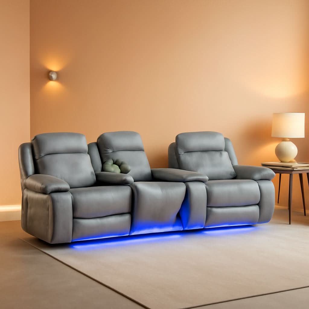 Power Leather Recliner Sofa Set, 2 Piece With LED Lights And USB Ports, Grey