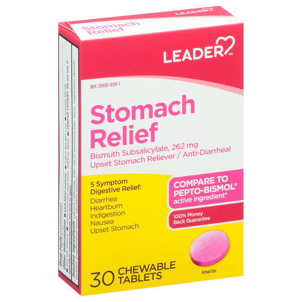 Leader Stomach Relief Bismuth Subsalicylate 262 Mg  Chewable Tablets 30Ct