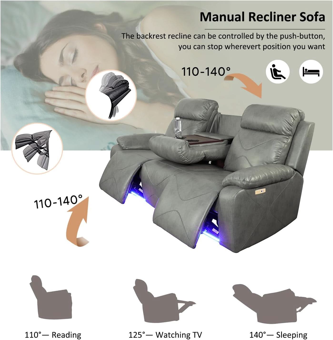 Power Leather Recliner Sofa Set, 2 Piece With LED Lights And USB Ports, Grey