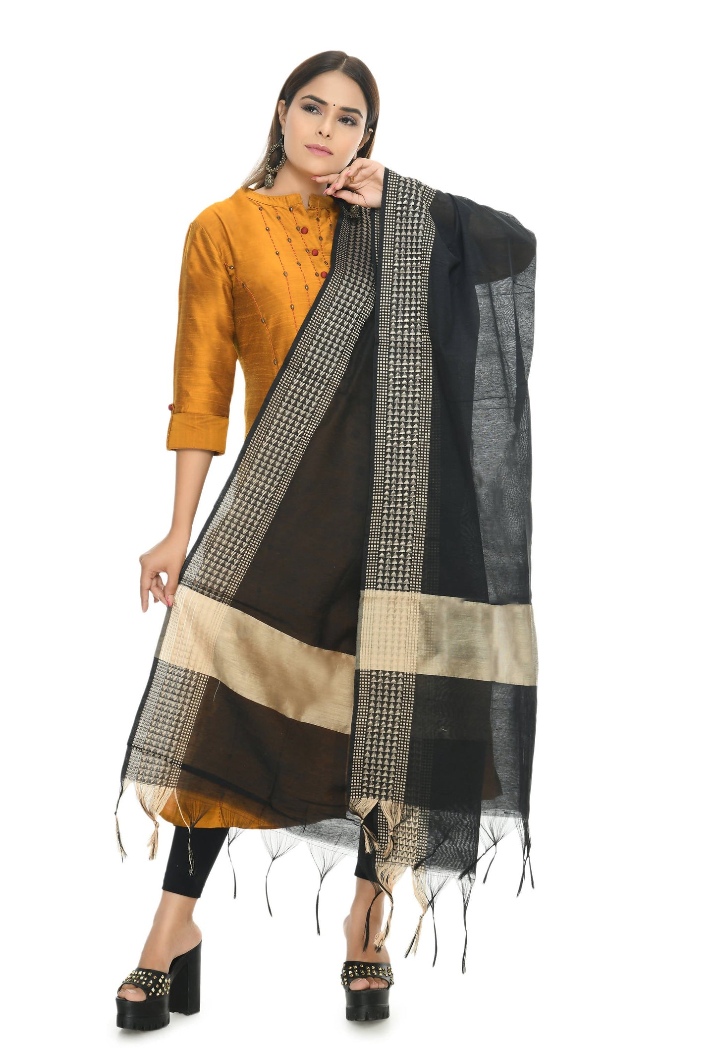 Mominos Fashion Moeza Women's Handloom Cotton Black Dupatta