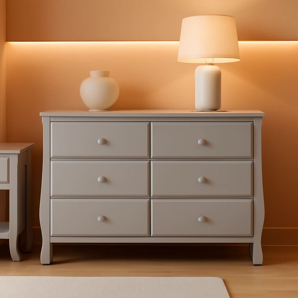 Six Drawer Dresser In Grey With Interlocking Drawers