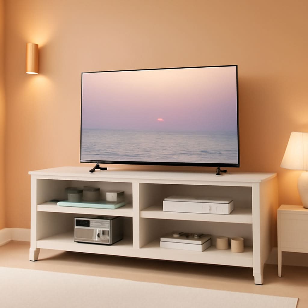 65 Inch TV Stand With Open Storage Shelves White Cabinet