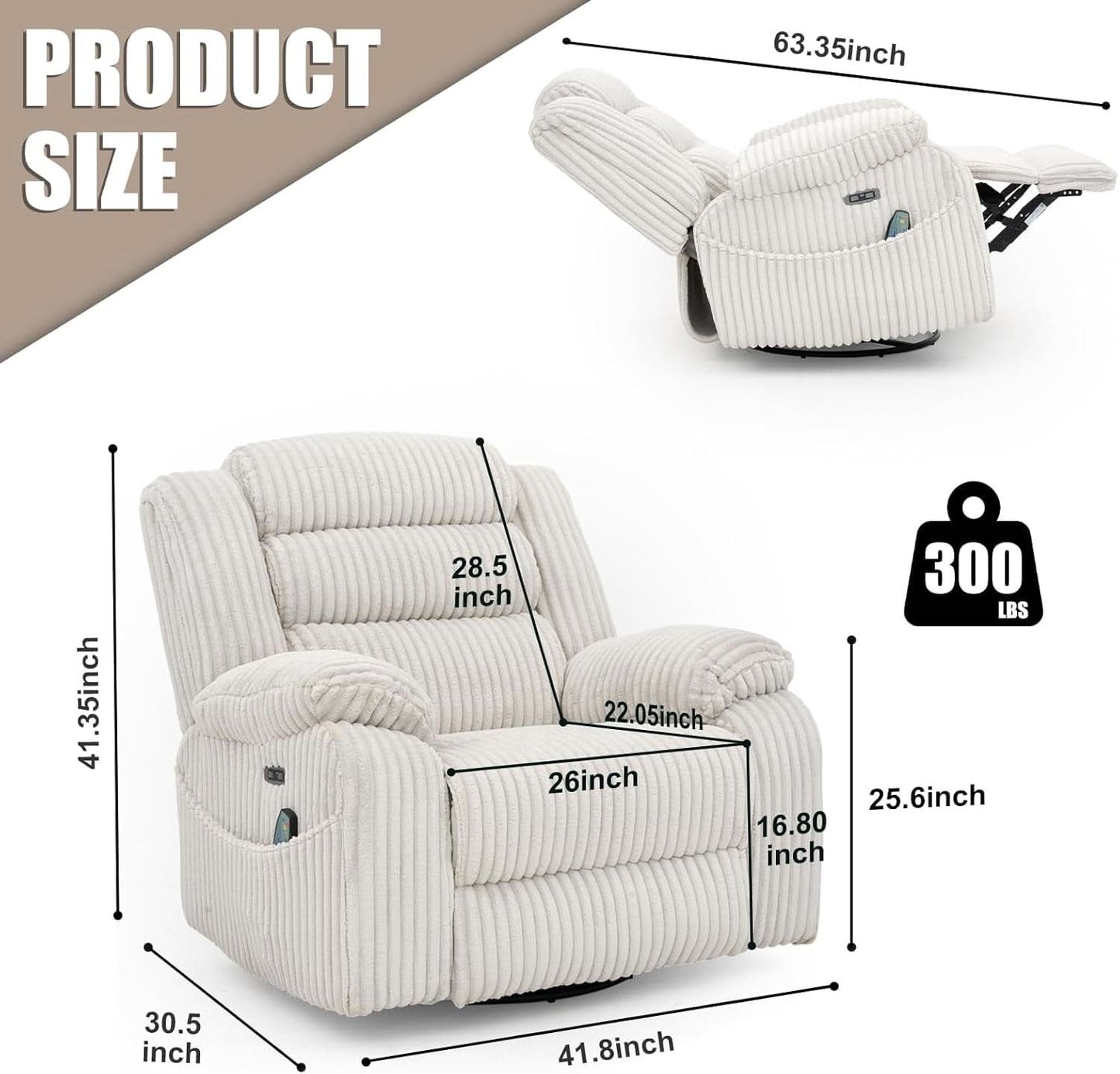 Power Swivel Rocker Recliner Chair With Massage And USB Charging White