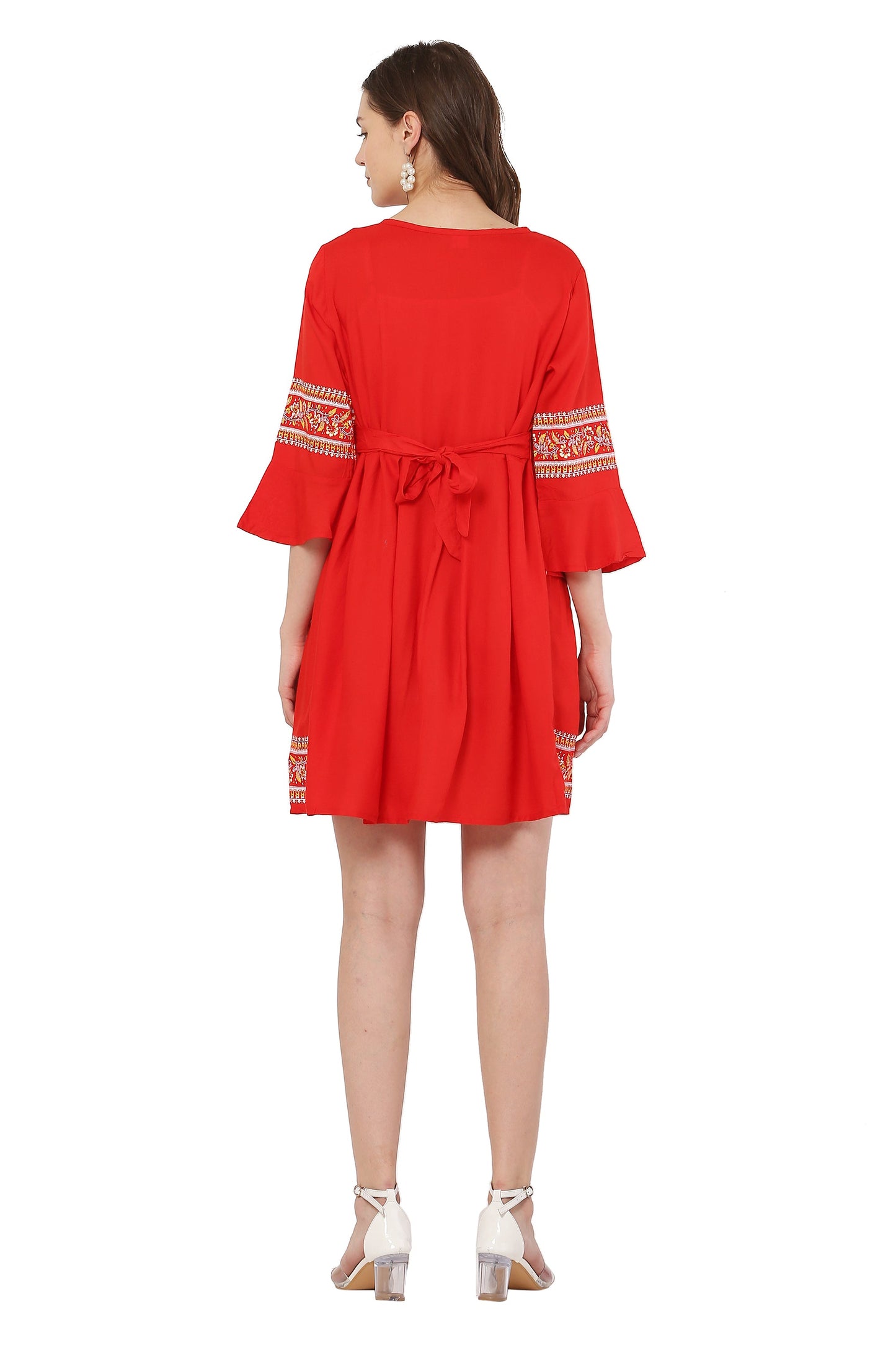 PAVONINE Red Color Rayon Fabric Printed Short Midi For Girls
