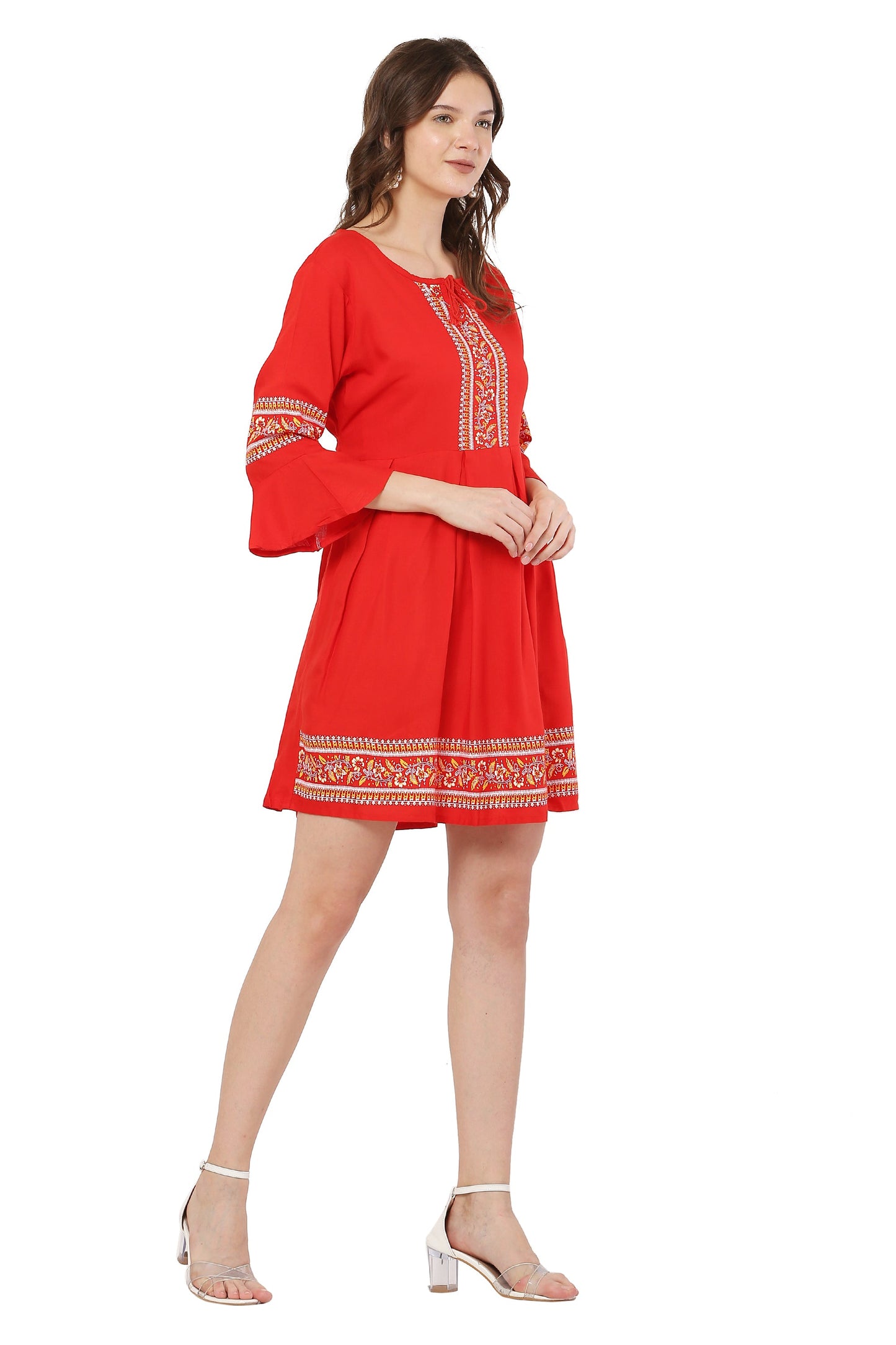 PAVONINE Red Color Rayon Fabric Printed Short Midi For Girls