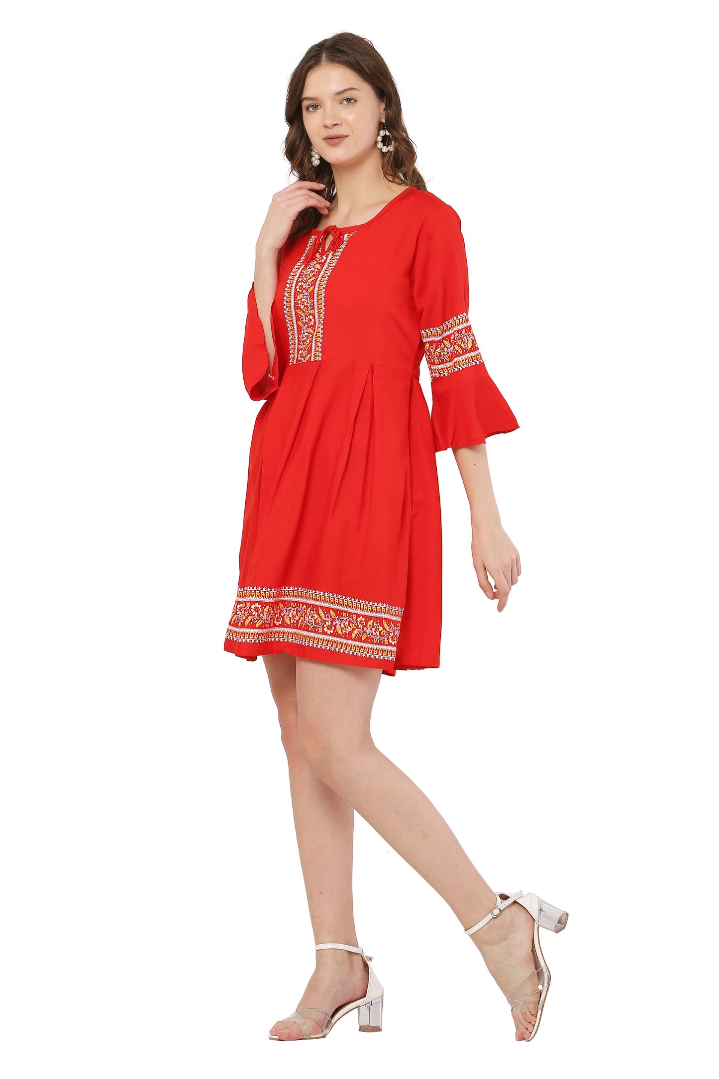 PAVONINE Red Color Rayon Fabric Printed Short Midi For Girls