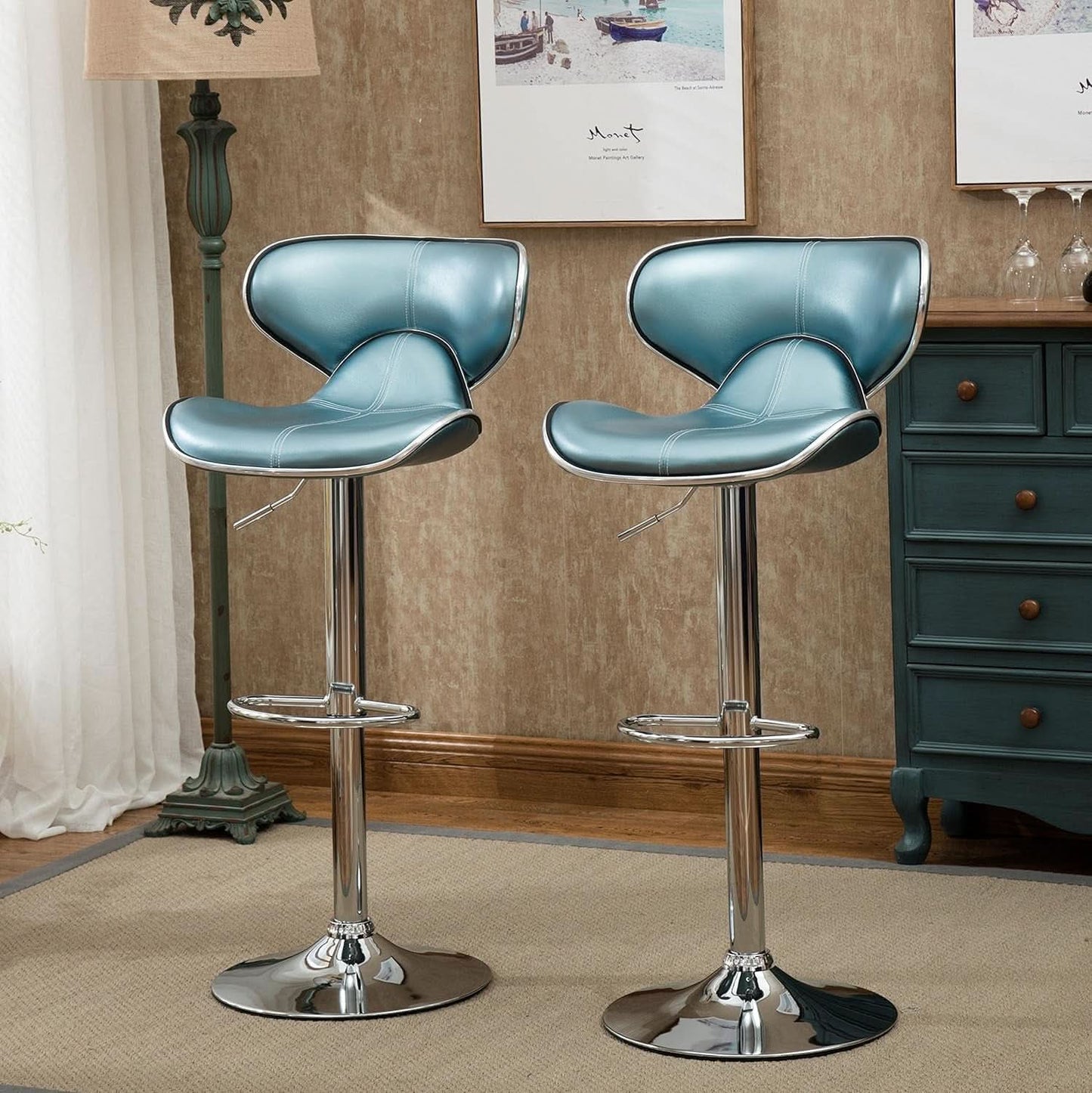 Blue Cushioned Leatherette Barstools Set Of 2 With Airlift Height And Swivel