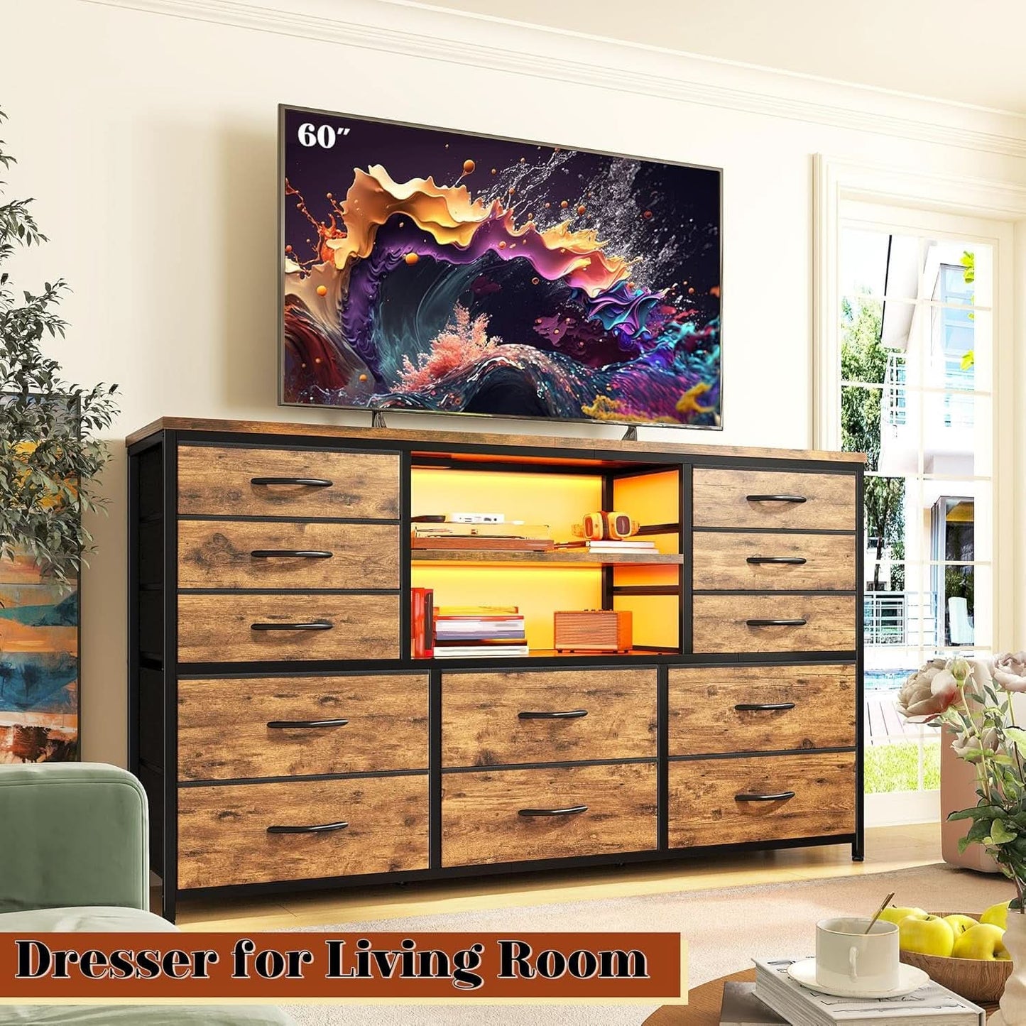 Dresser With LED Lights And Power Outlets 12 Fabric Drawers