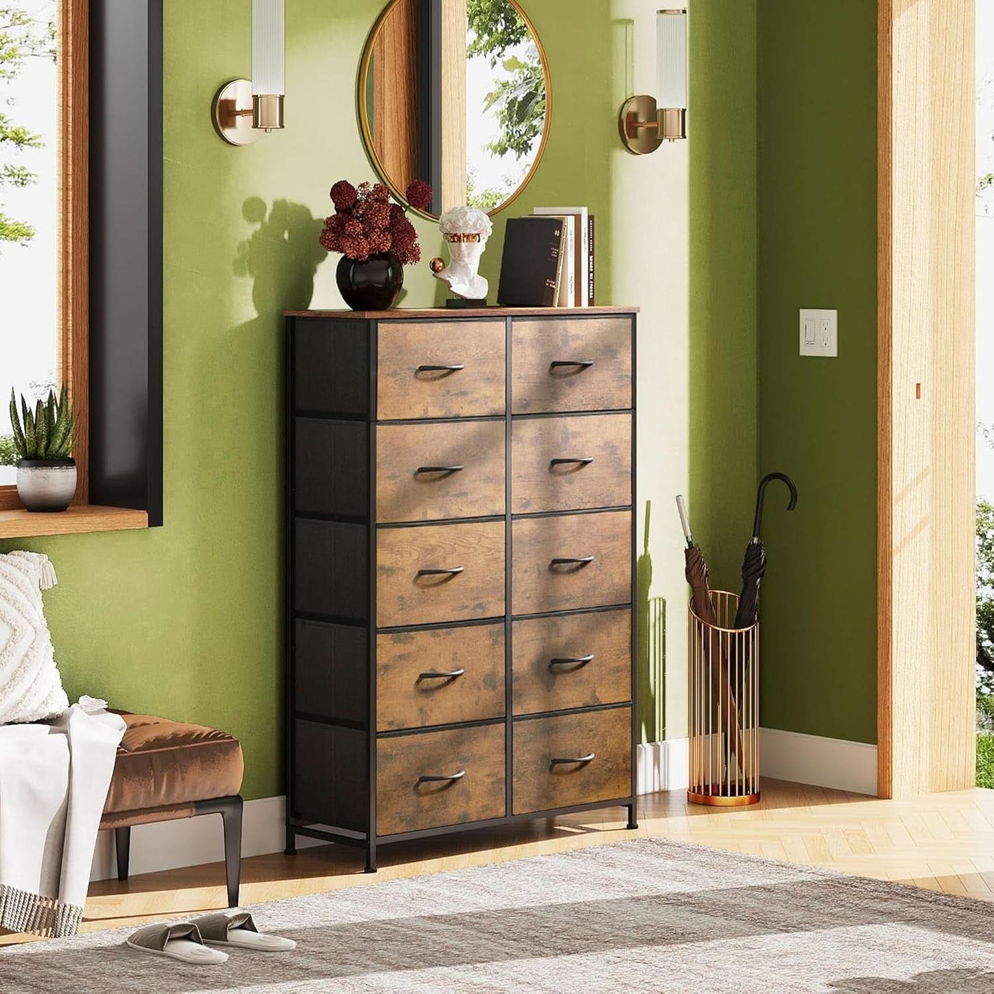 Tall Dresser With 10 Fabric Drawers Brown Woodgrain