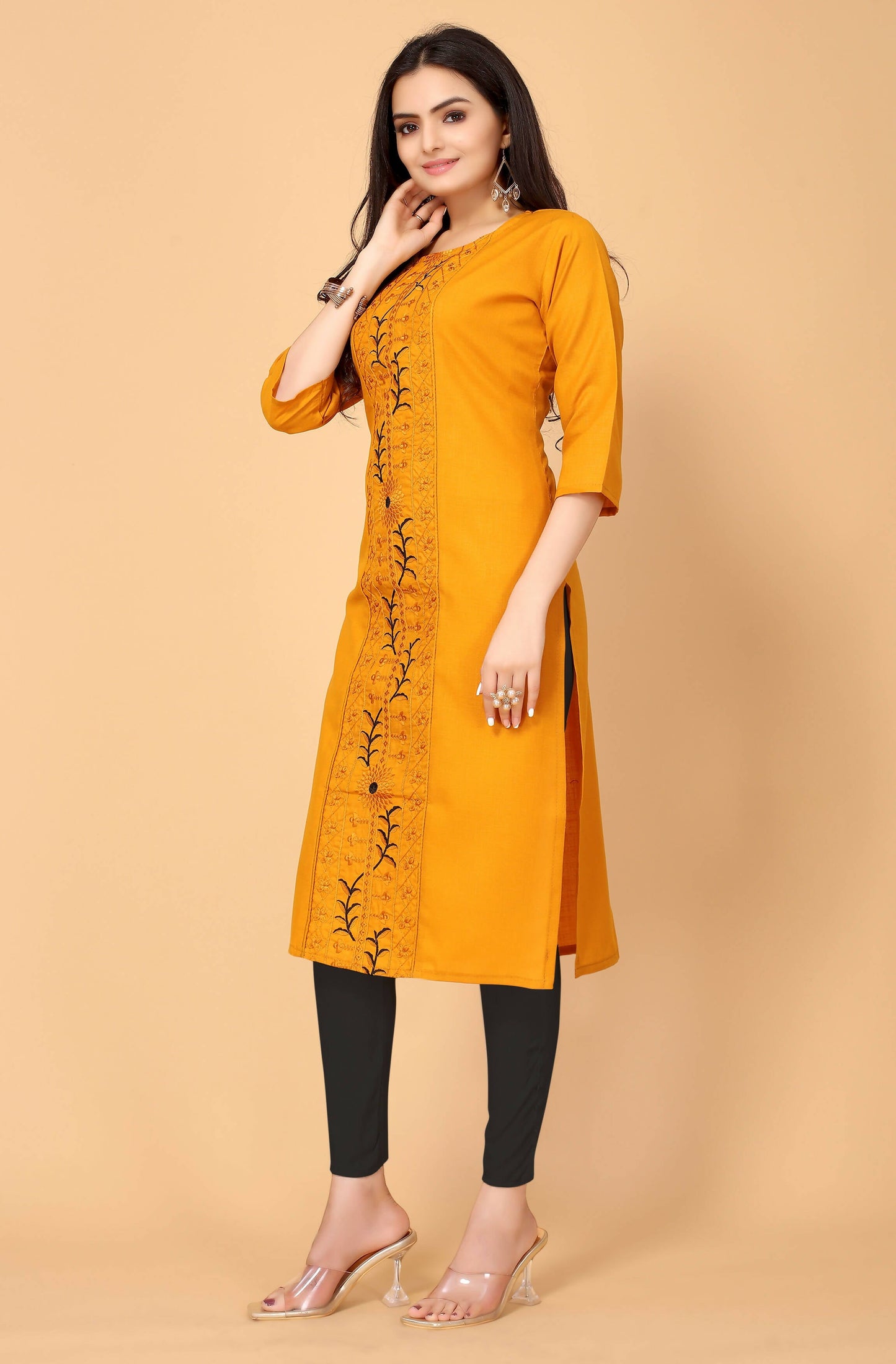 Musterd Cottan Slub Embroidery Kurti - Umi