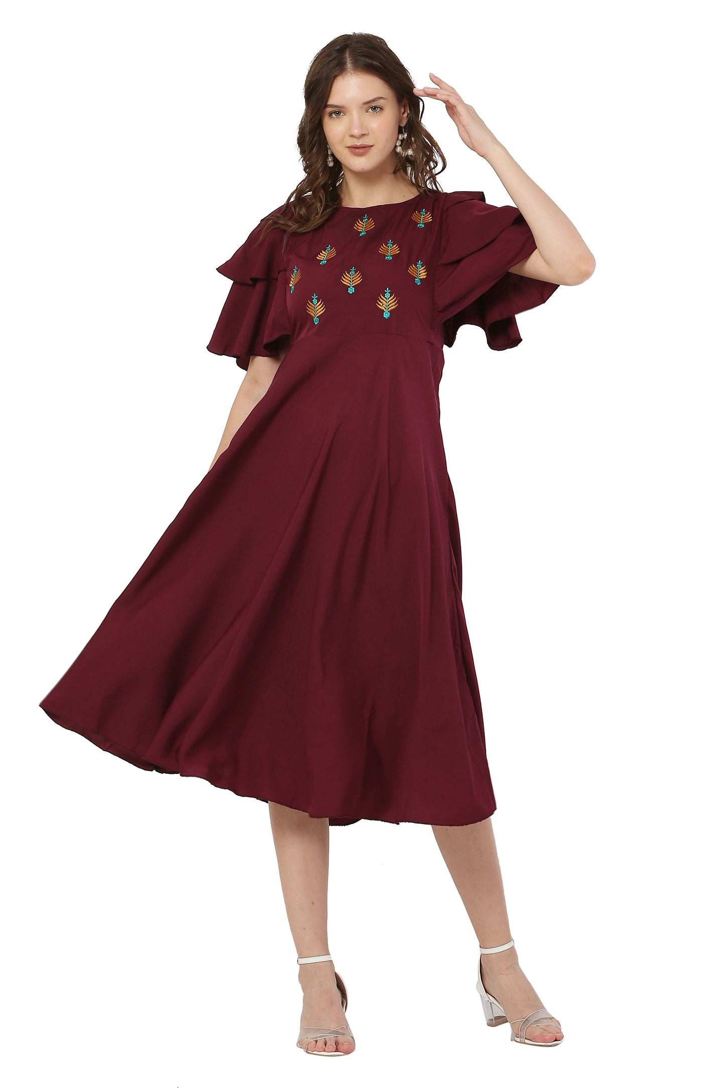 PAVONINE Maroon Color Crepe Fabric Embroidery Dress For Women