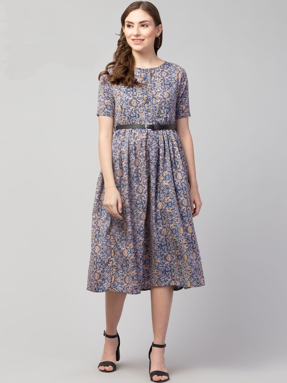 PAVONINE Grey Color Jaipuri Print Belt Dress For Women