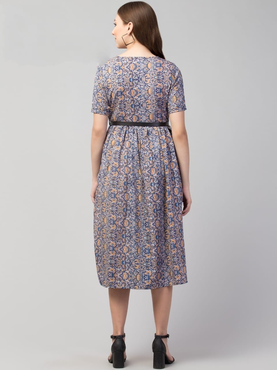 PAVONINE Grey Color Jaipuri Print Belt Dress For Women