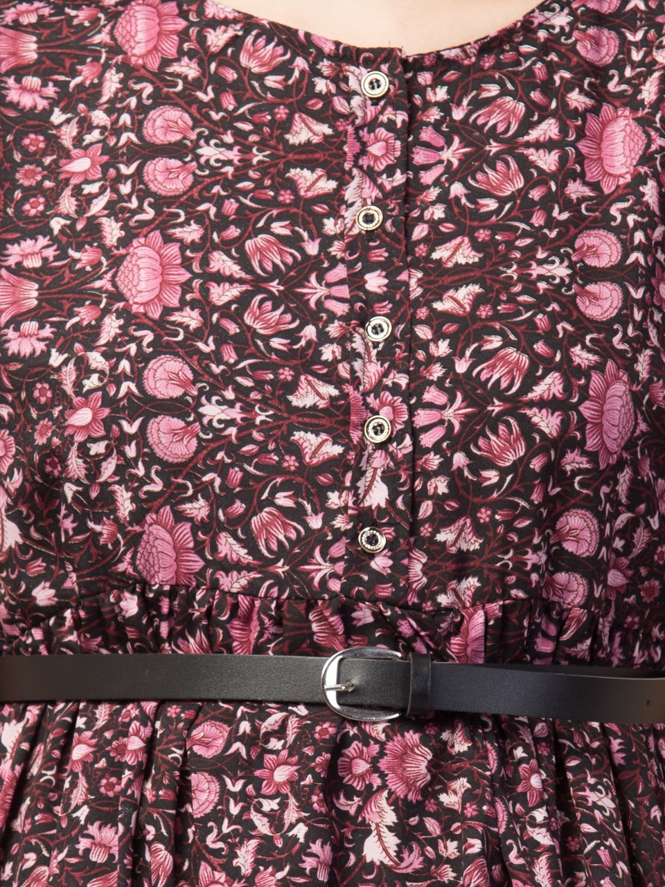 PAVONINE Wine Color Jaipuri Print Belt Dress For Women