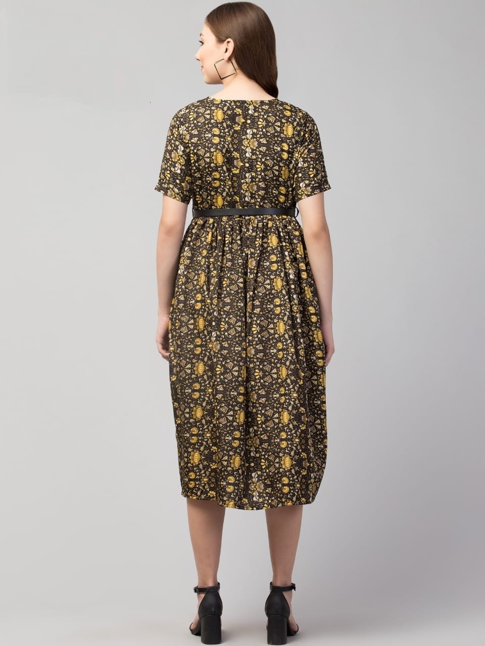 PAVONINE Yellow Color Jaipuri Print Belt Dress For Women