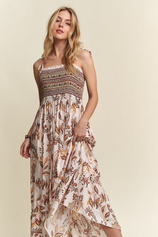 New Summer Smocked Printed Square Neck Tie Shoulder Cami Dress – Trendy, Chic, Feminine, Comfortable, Stylish Summer Dress