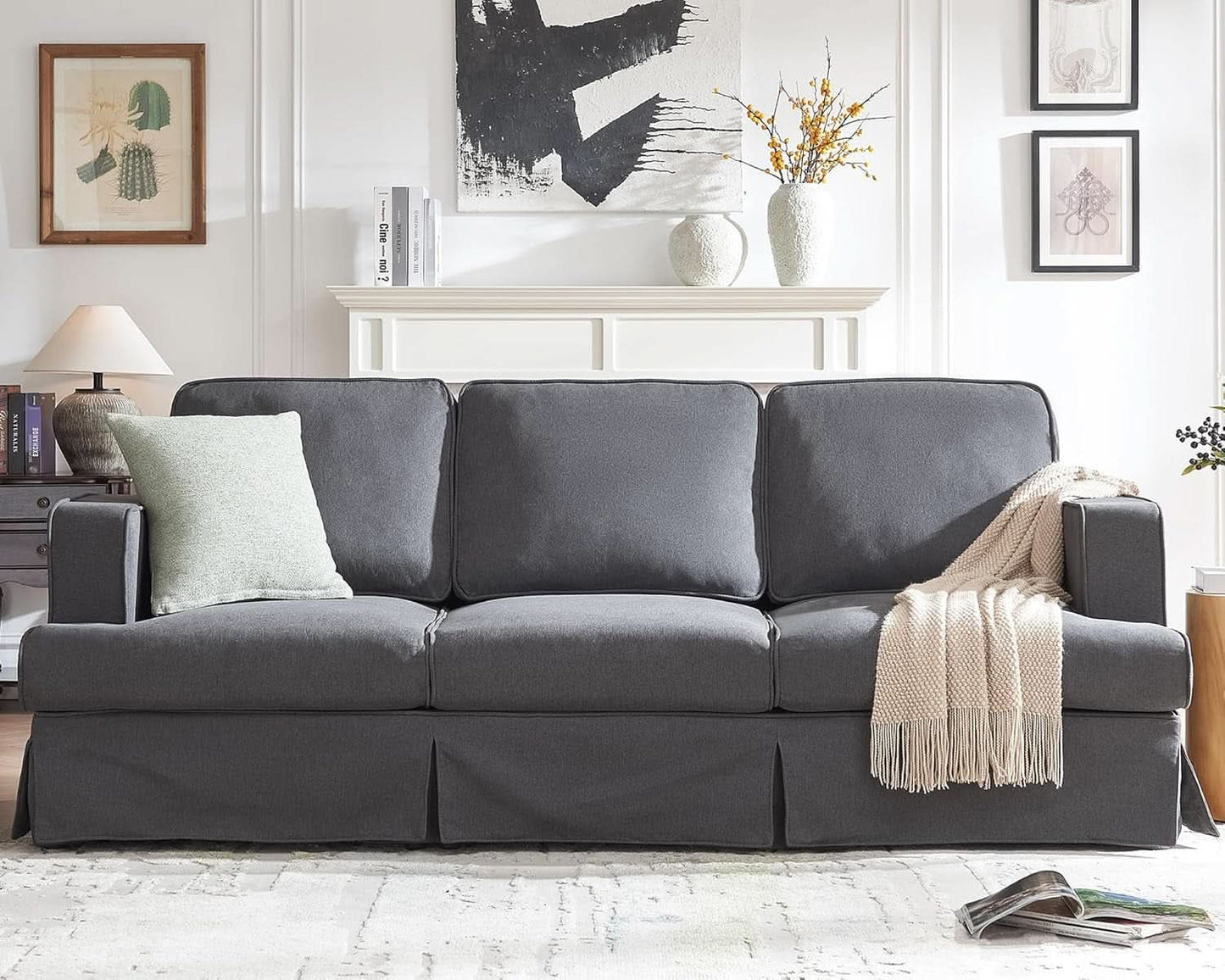 89 Inch Slipcovered Linen Grey Sofa 3 Seater Couch