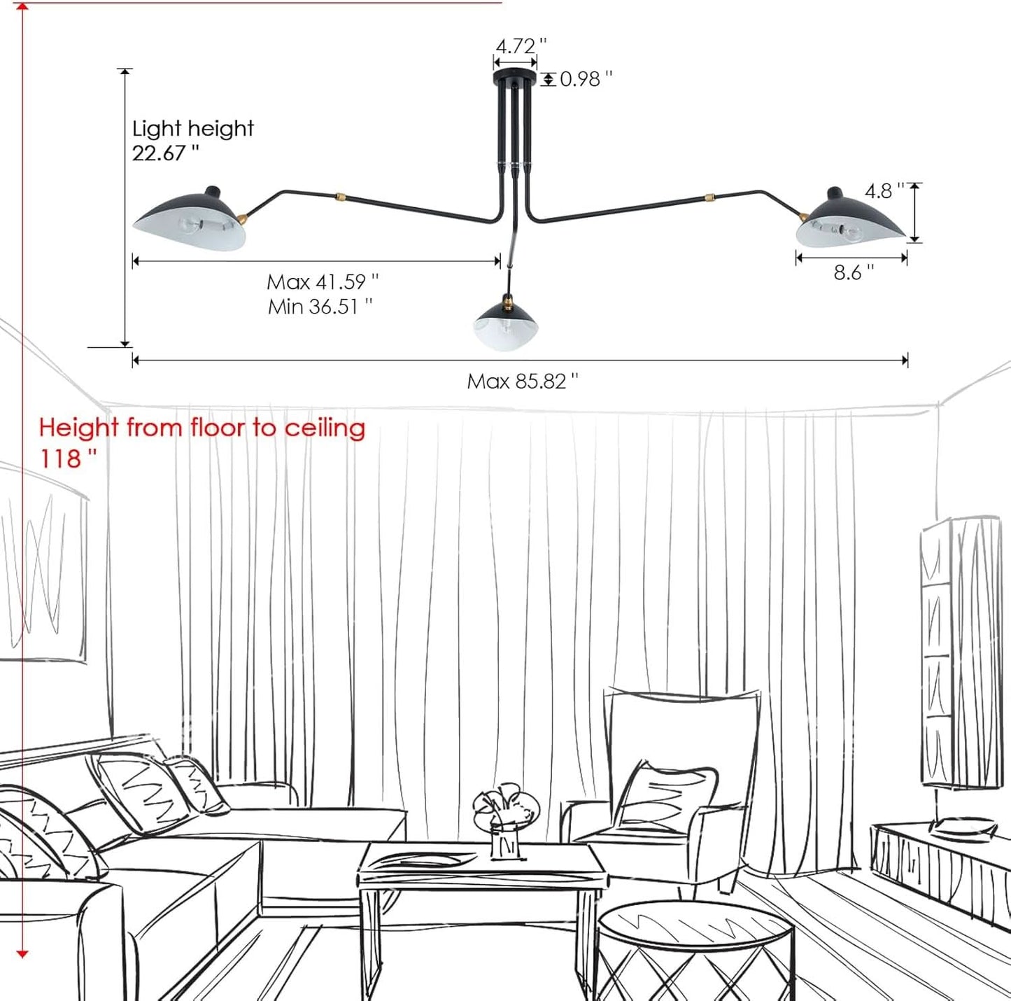 Matt Black Three Arm Adjustable Pendant Light Chandelier