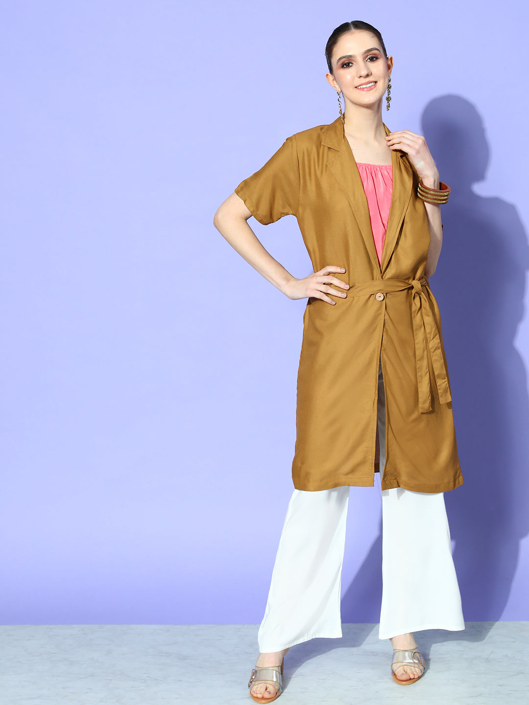 InWeave Women's Camel Brown Cream Pant Coord Set With Peach Crop Top