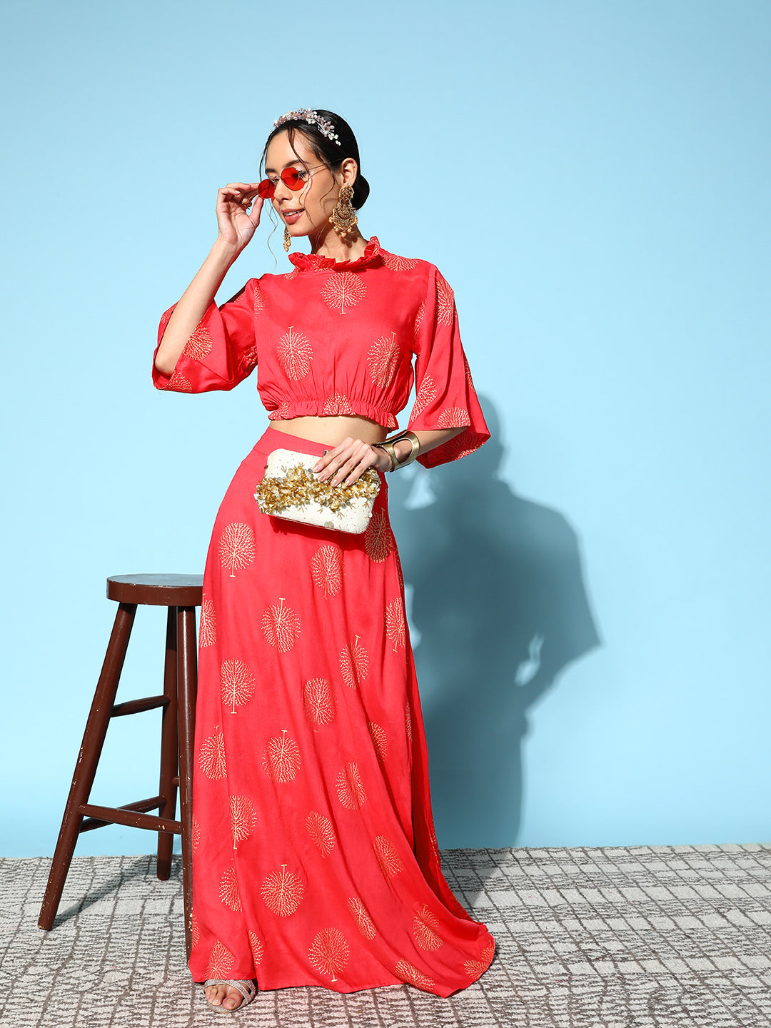 InWeave Women's Red Gold Printed Crop Top With Side Slit Skirt