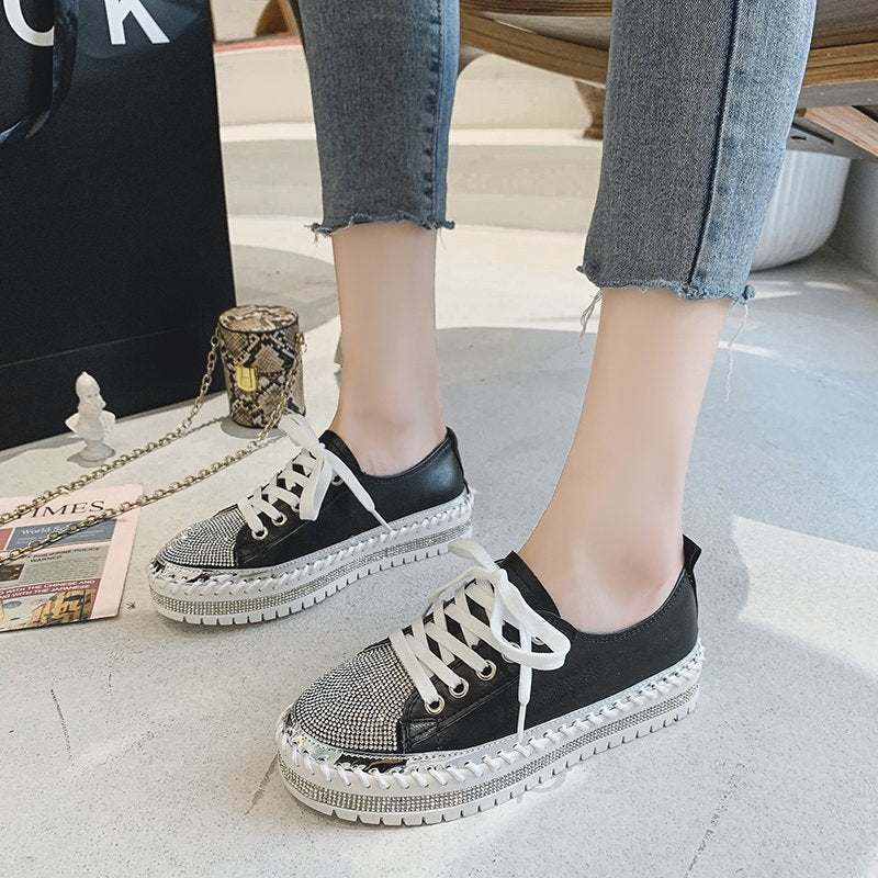 Womens Leopard Sneakers Women Canvas Shoes Leisure Lace-Up Sneakers Rhinestone Shiny Flat Charming Shoes Platform Leisure Low Sneakers