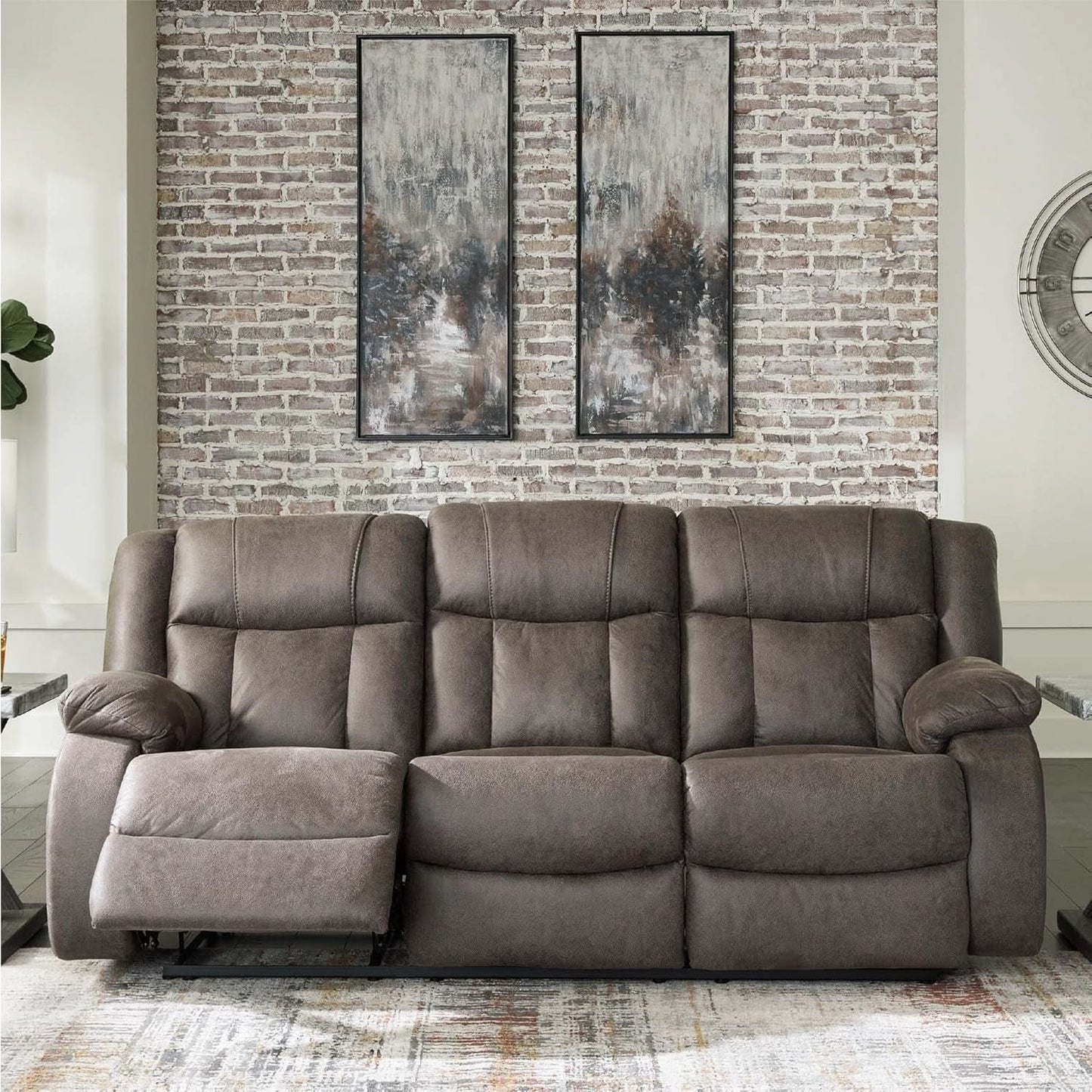 Contemporary Gray Faux Leather Manual Reclining Sofa