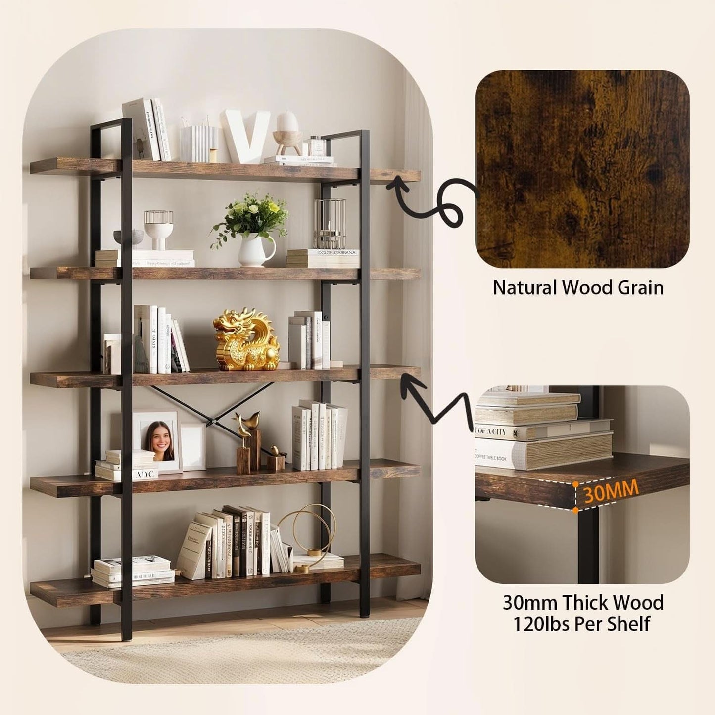 Brown 47 Inch Wide Industrial Bookcase Open Shelves