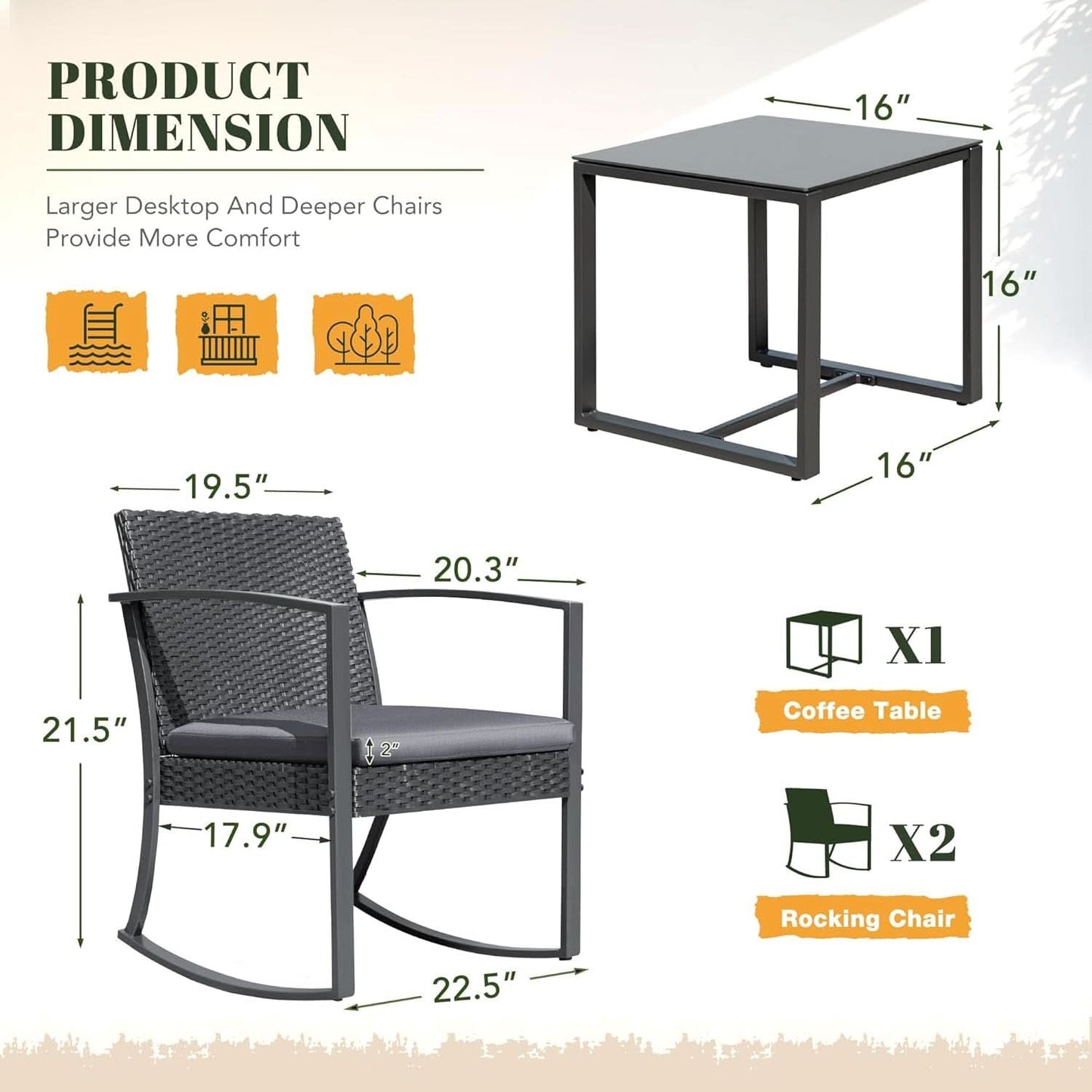 All Weather Outdoor Rocking Chair Set with Cushions