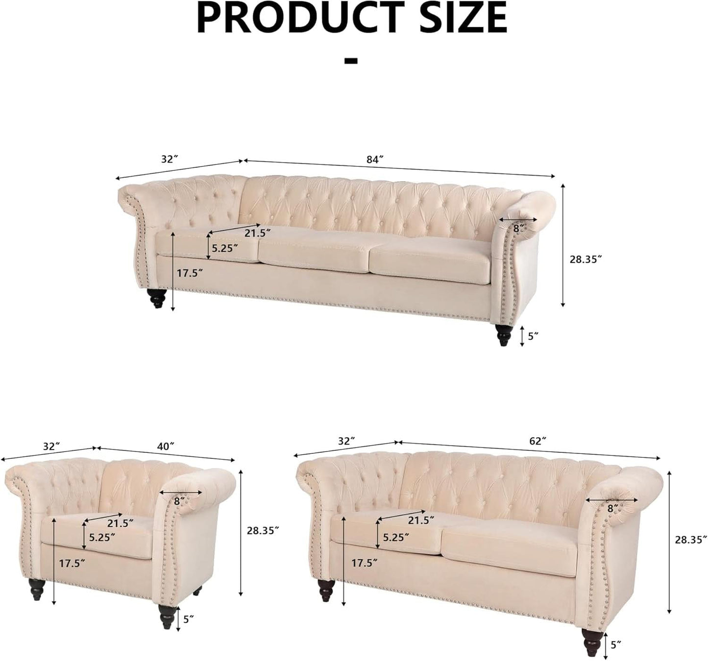 Three Piece Velvet Chesterfield Living Room Sofa Set Beige With Club Chair And Loveseat