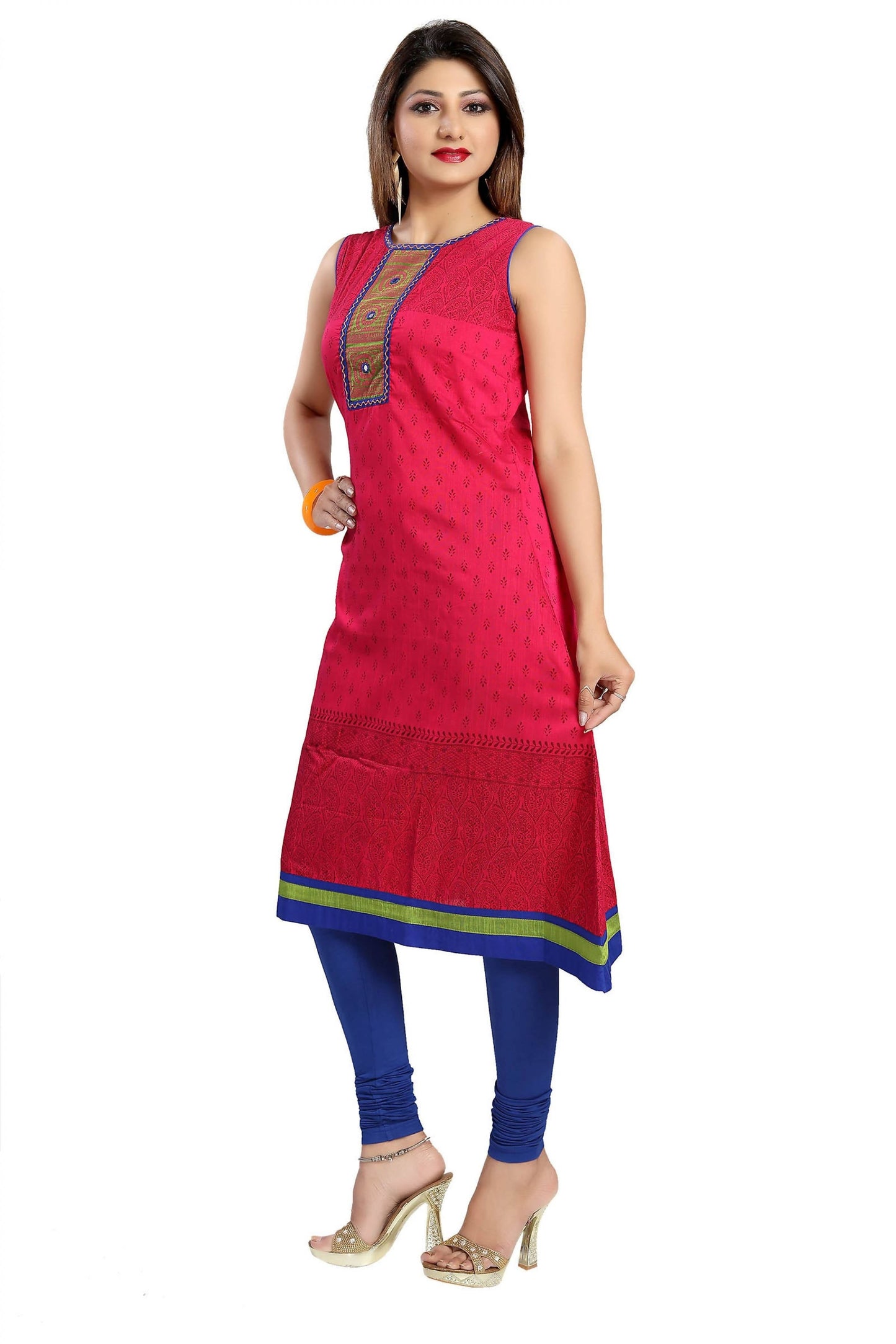 Snehal Creations Bold And Blast Hot Pink Raw Silk Sleeveless Kurti Tunic