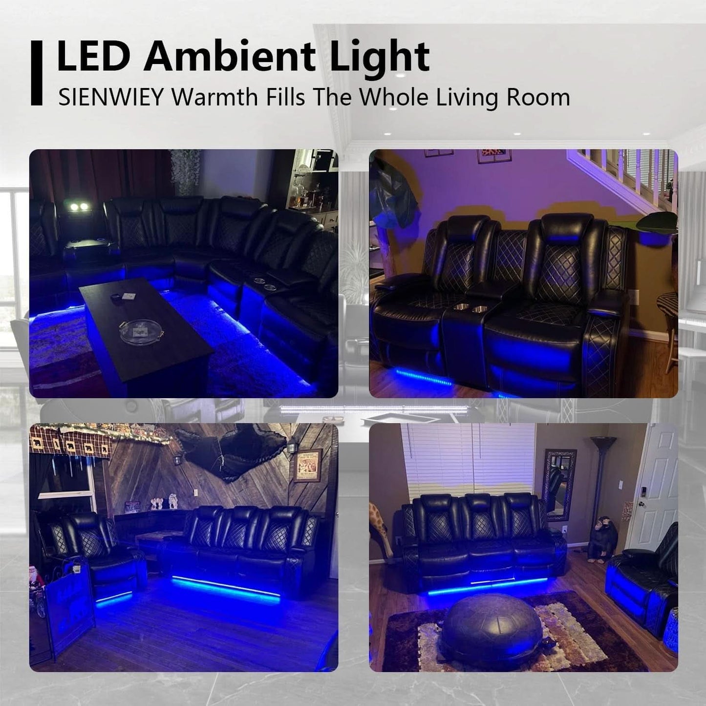 Black Leather Reclining Sofa Set With LED Light Living Room