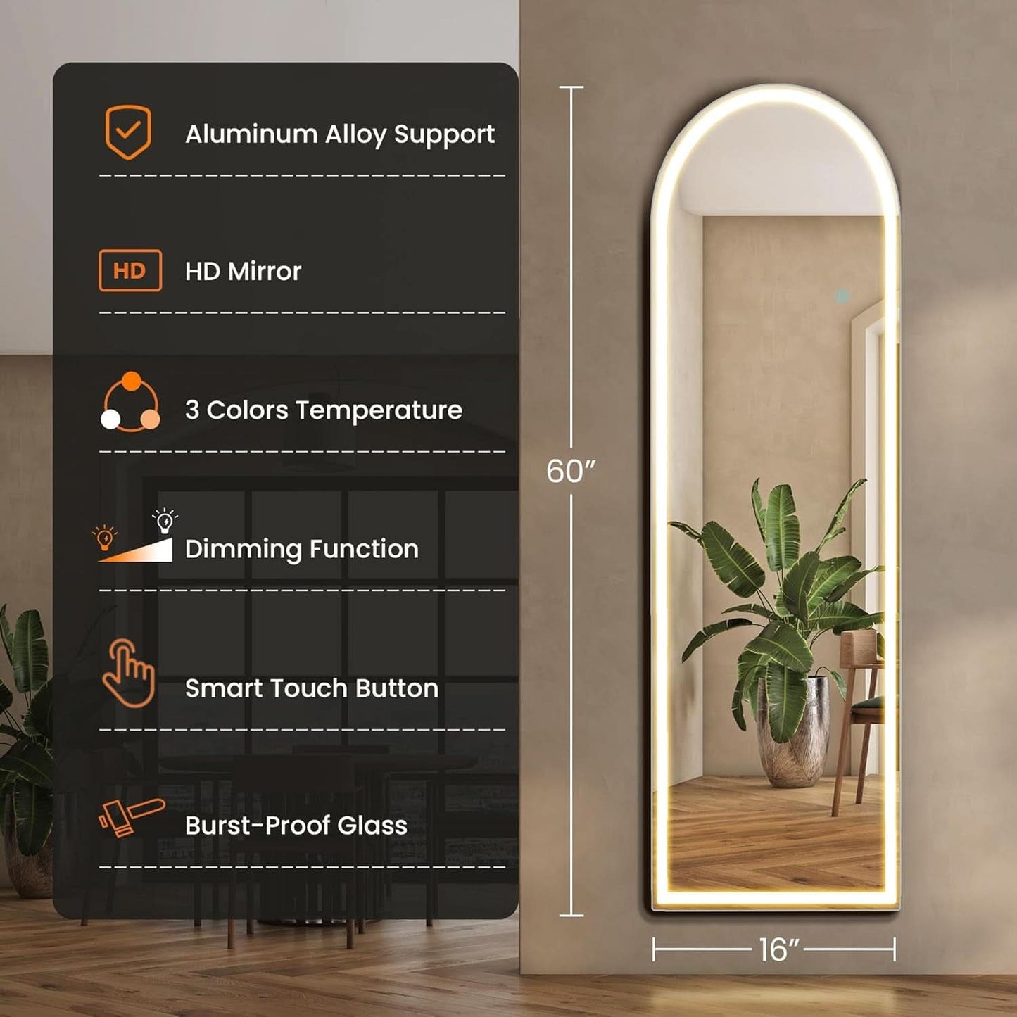 Arched Full Length LED Mirror 61x17 Inch Dimmable 3 Color Floor Stand