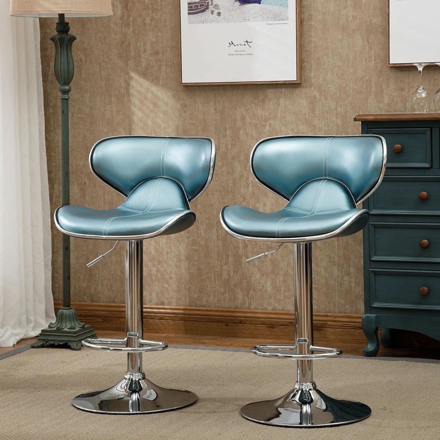 Blue Cushioned Leatherette Barstools Set Of 2 With Airlift Height And Swivel