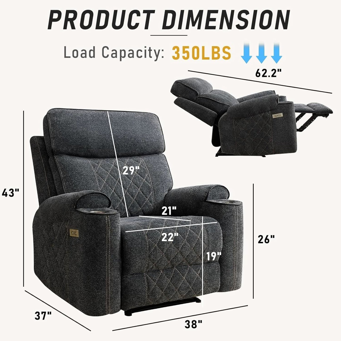 Electric Recliner Chair With Soft Fabric And Cup Holders