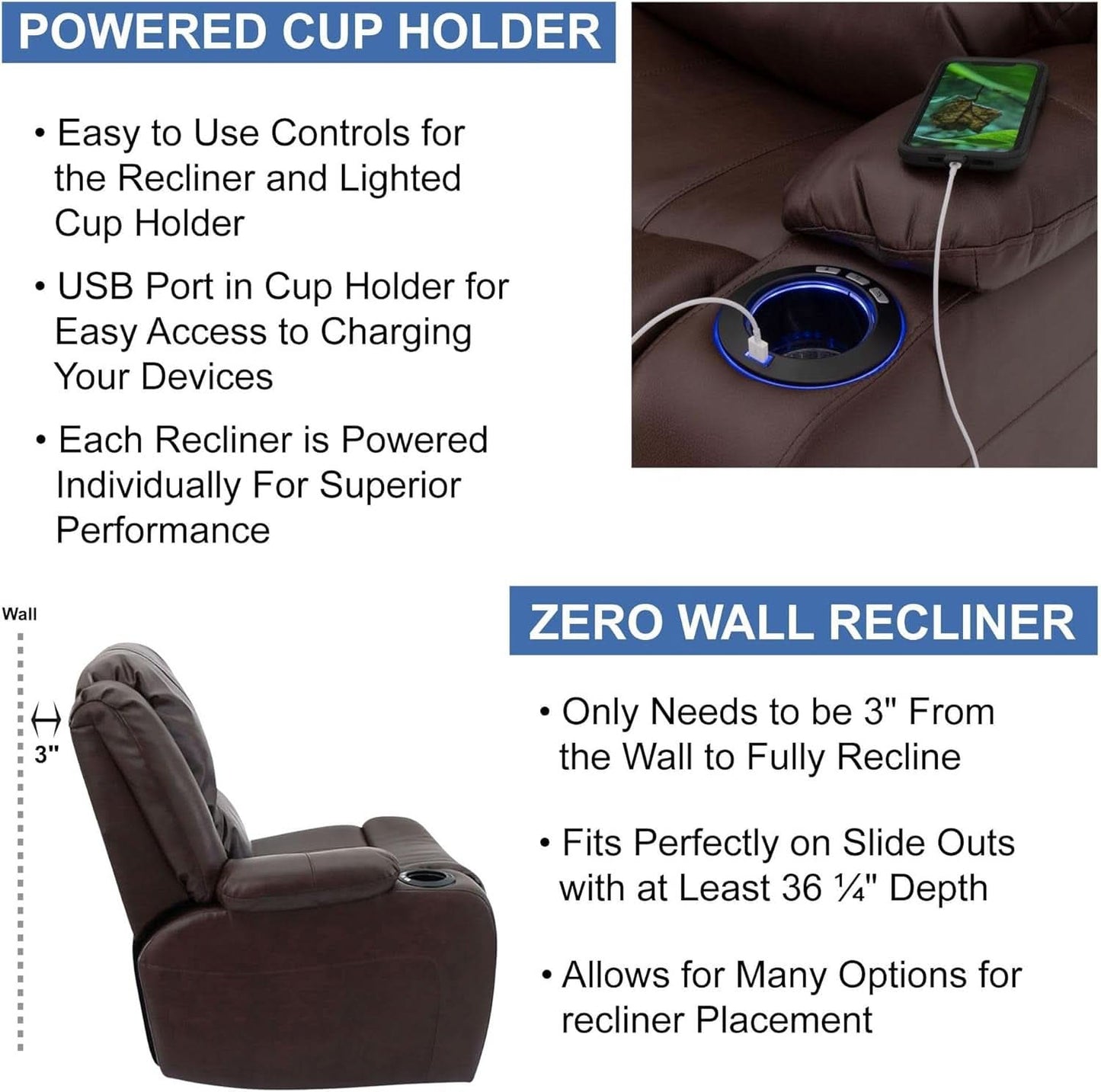 67 Inch Powered RV Wall Hugger Recliner Sofa Mahogany