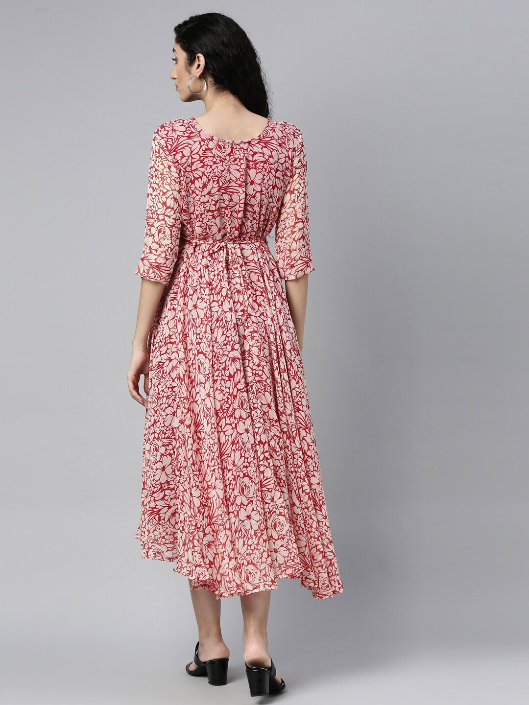 Souchii White & Red Floral Layered Chiffon Midi Dress