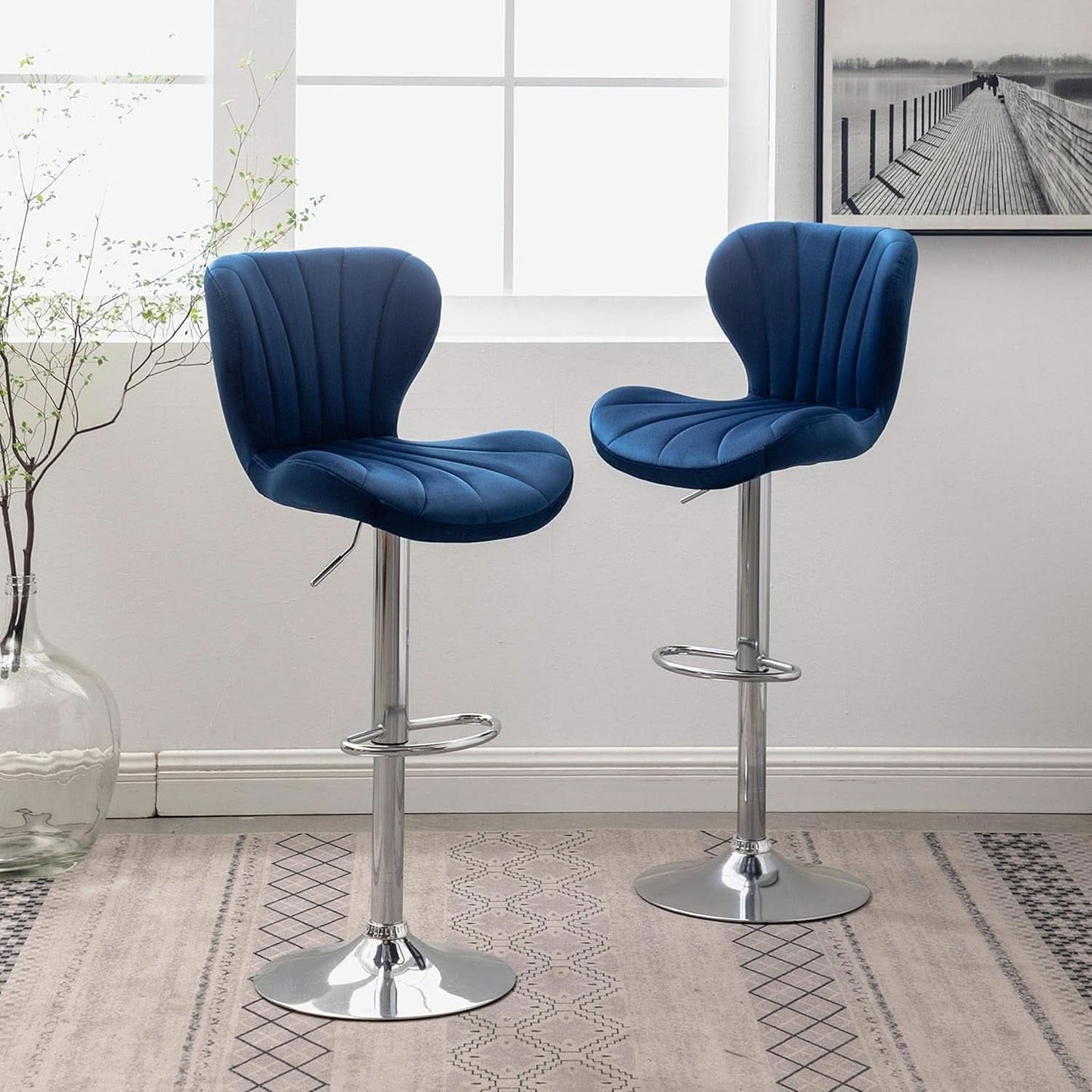 Blue Velvet Adjustable Swivel Bar Stools Set of 2 Modern