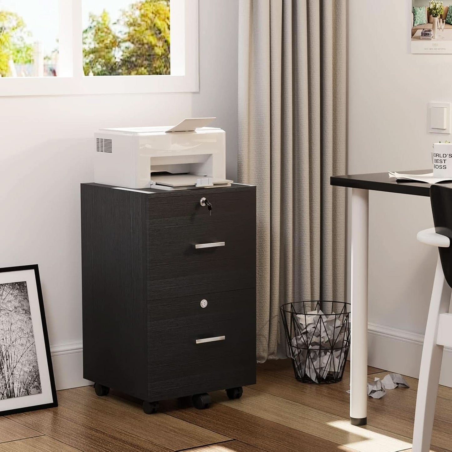 2 Drawer Rolling File Cabinet With Lock For Letter Size Folders Under Desk Black