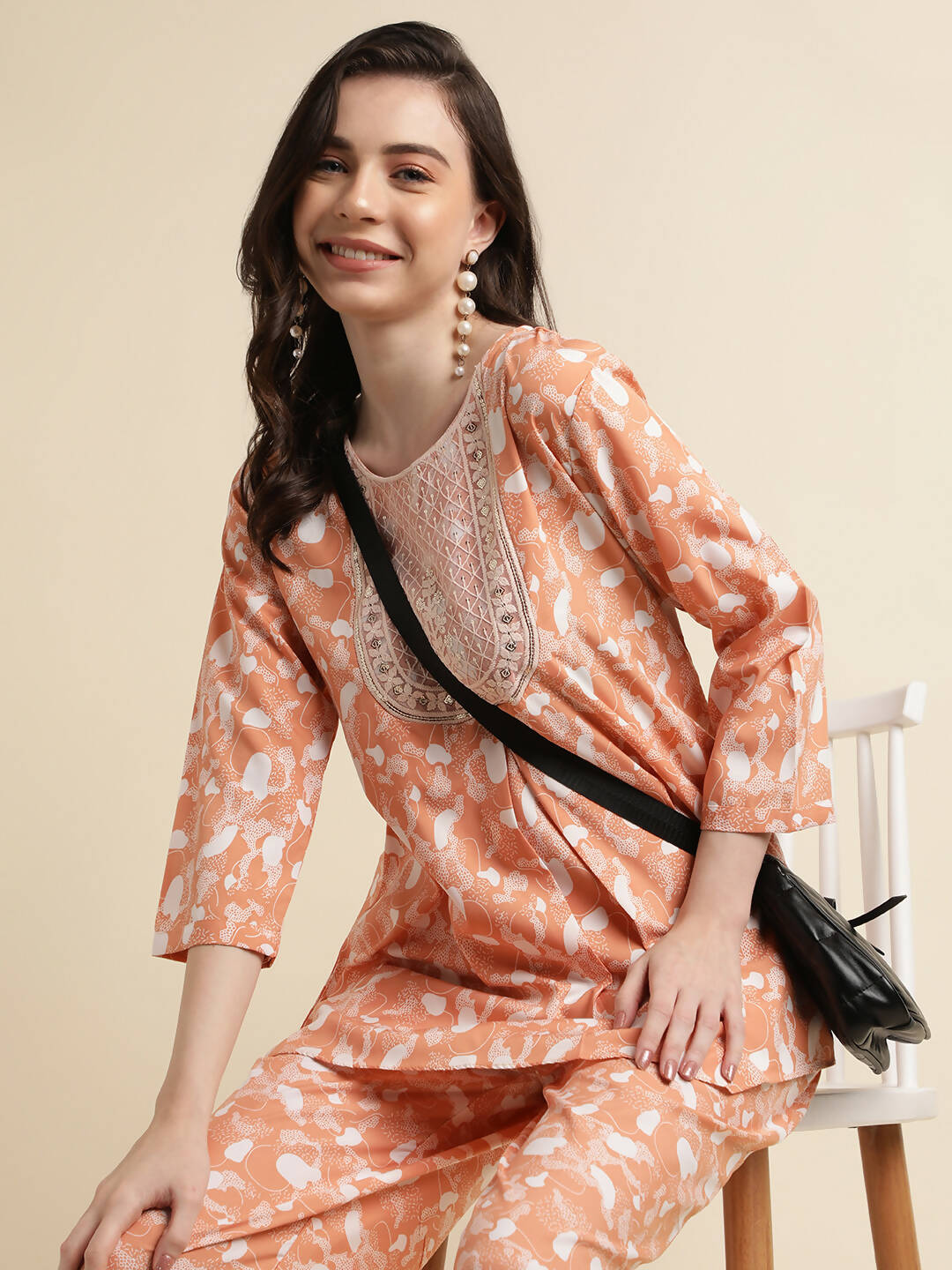 Orange Poly Crepe Digital Printed Top with Matching Bottom - Preeti