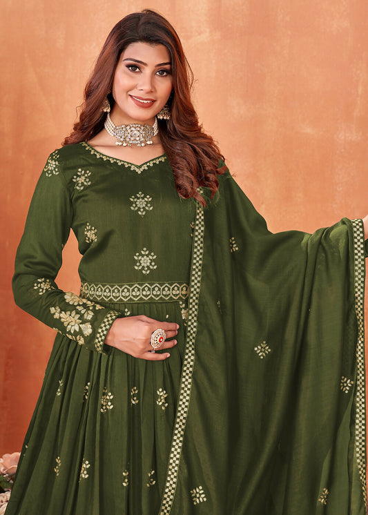 Mehndi Green Festive Embroidered Art Silk Anarkali Suit - Emponline