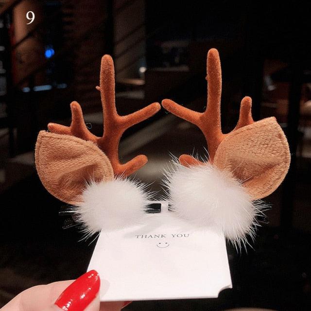 2pcs Cute Deer Ear Hairpins Christmas Hair Clips For Girls Cartoon Antlers Barrettes Lovely Pompom Hairgrips Fashion Hair Accessories For Women