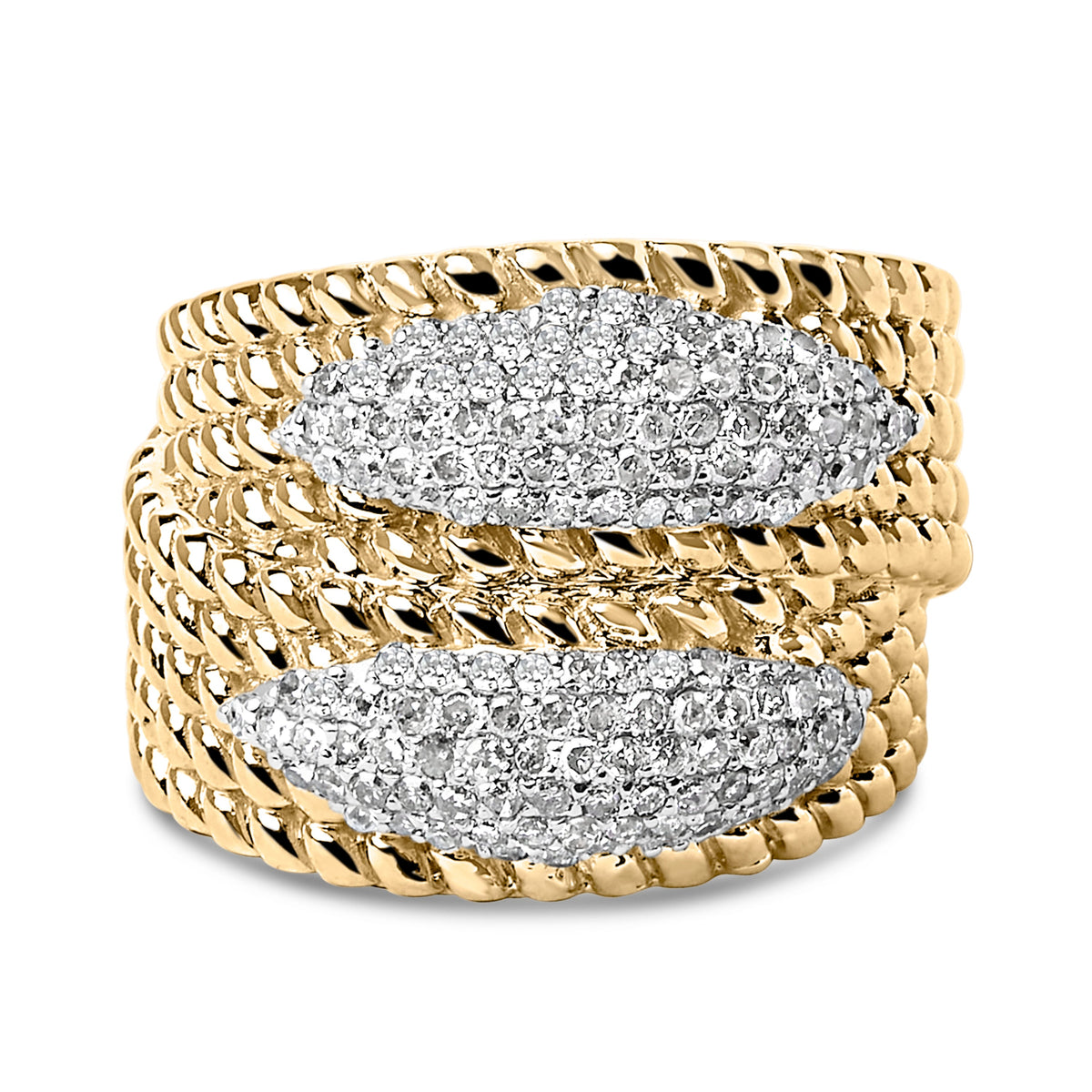 14K Yellow Gold Plated Silver 1.0 Cttw Diamond Cluster Crossover Ring Band