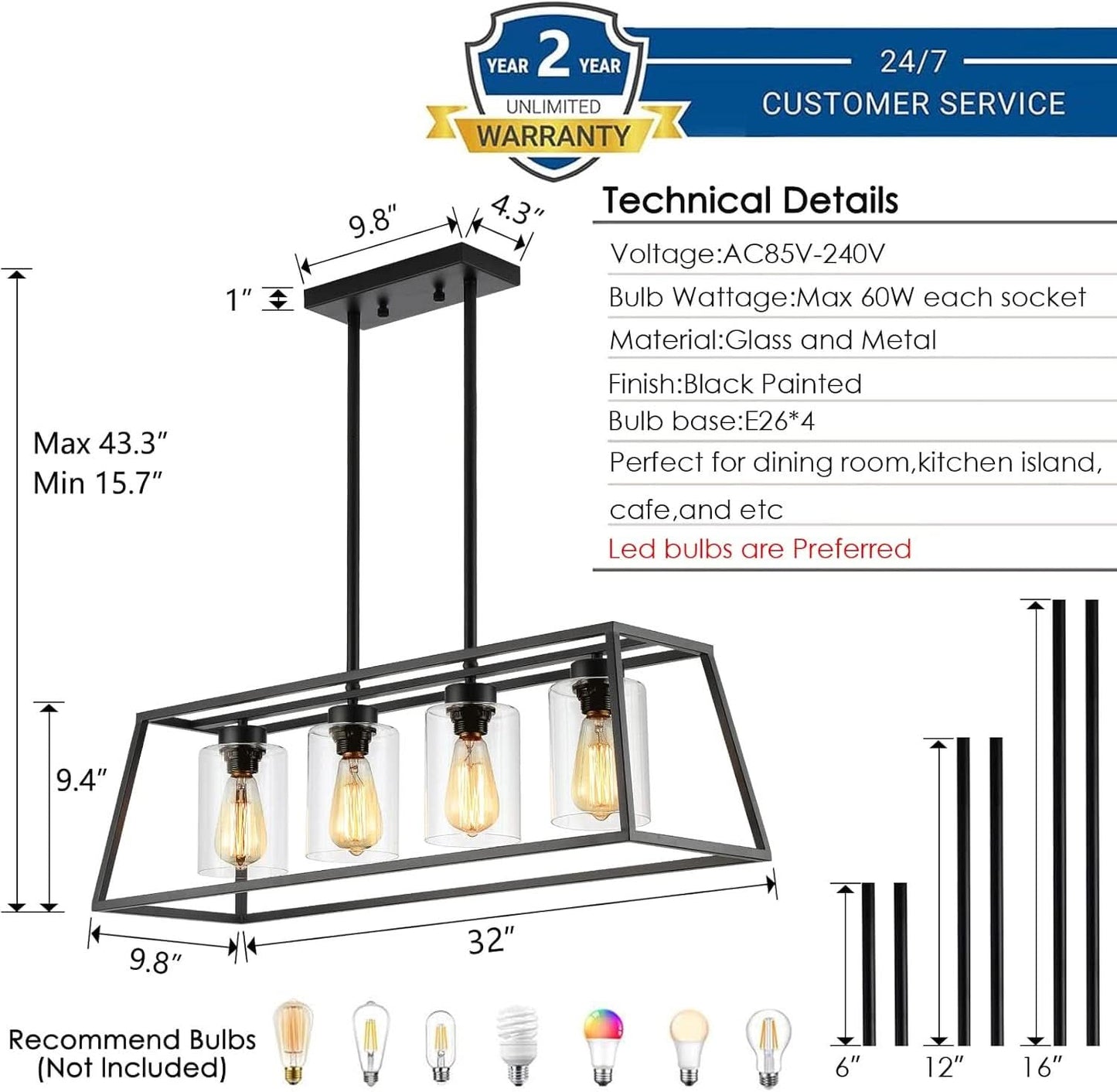 Black Farmhouse Linear Chandelier 4 Light For Dining Room