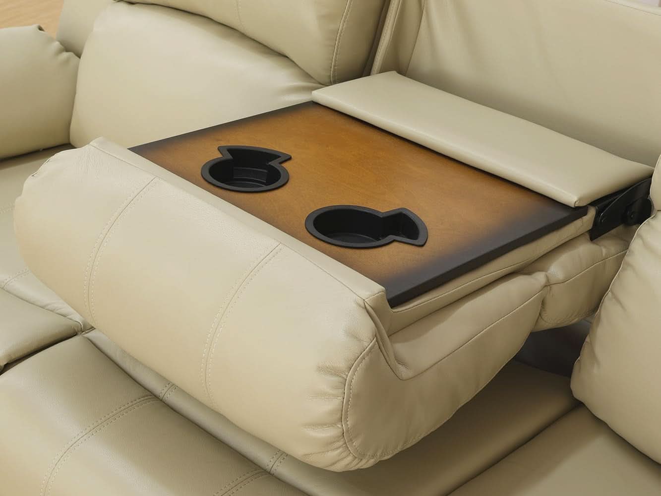 Beige 3 Seater Manual Reclining Sofa With Cup Holders