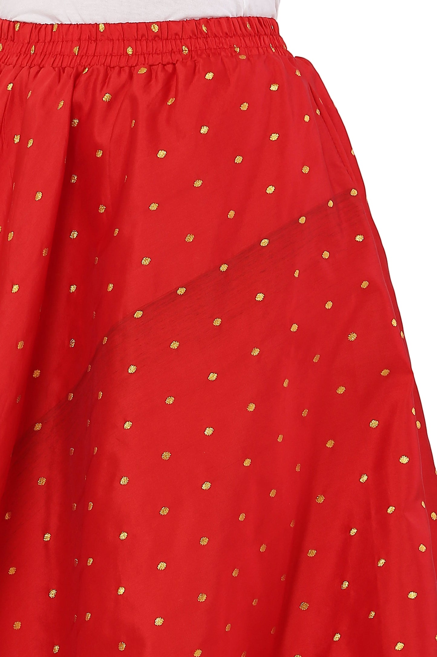 PAVONINE Red Color Golden Zari Work Satan Fabric Maxi Skirt For Women