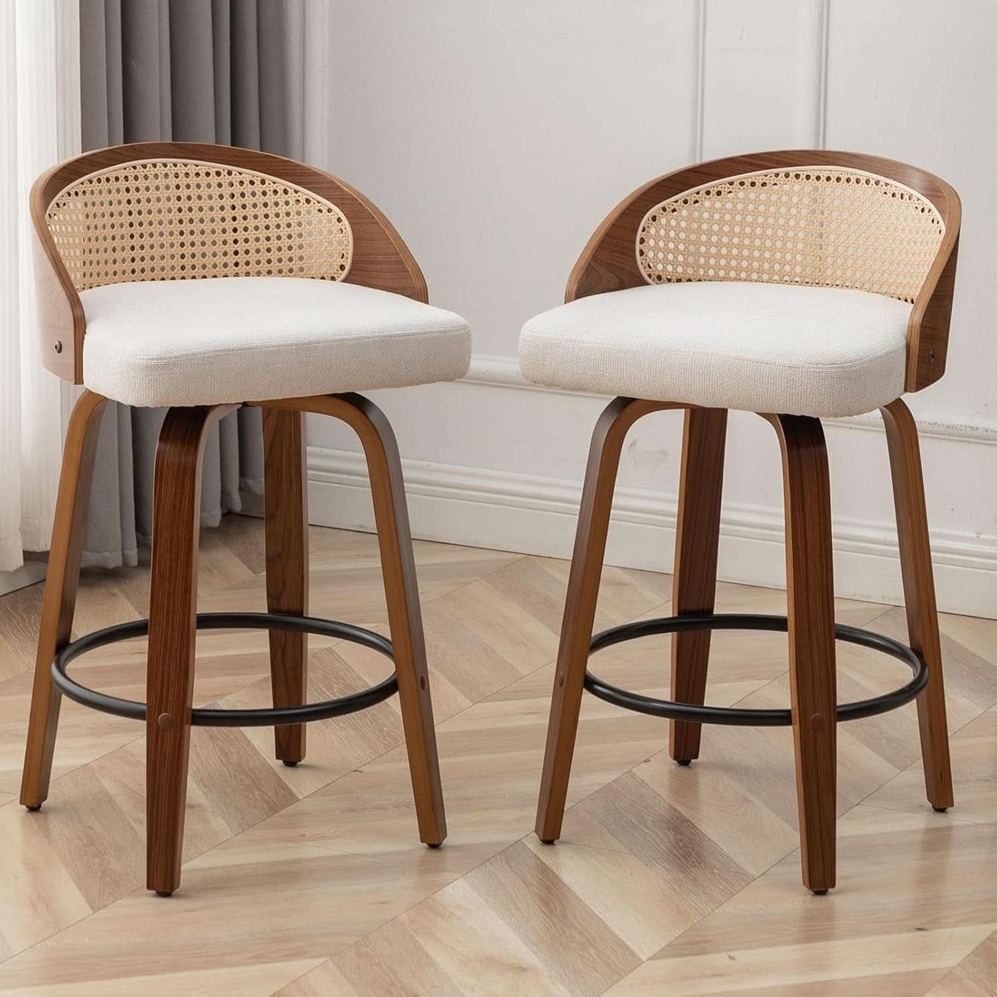 Set Of Two 25 Inch Beige Rattan Swivel Counter Stools With Linen Upholstery Mid Century Modern
