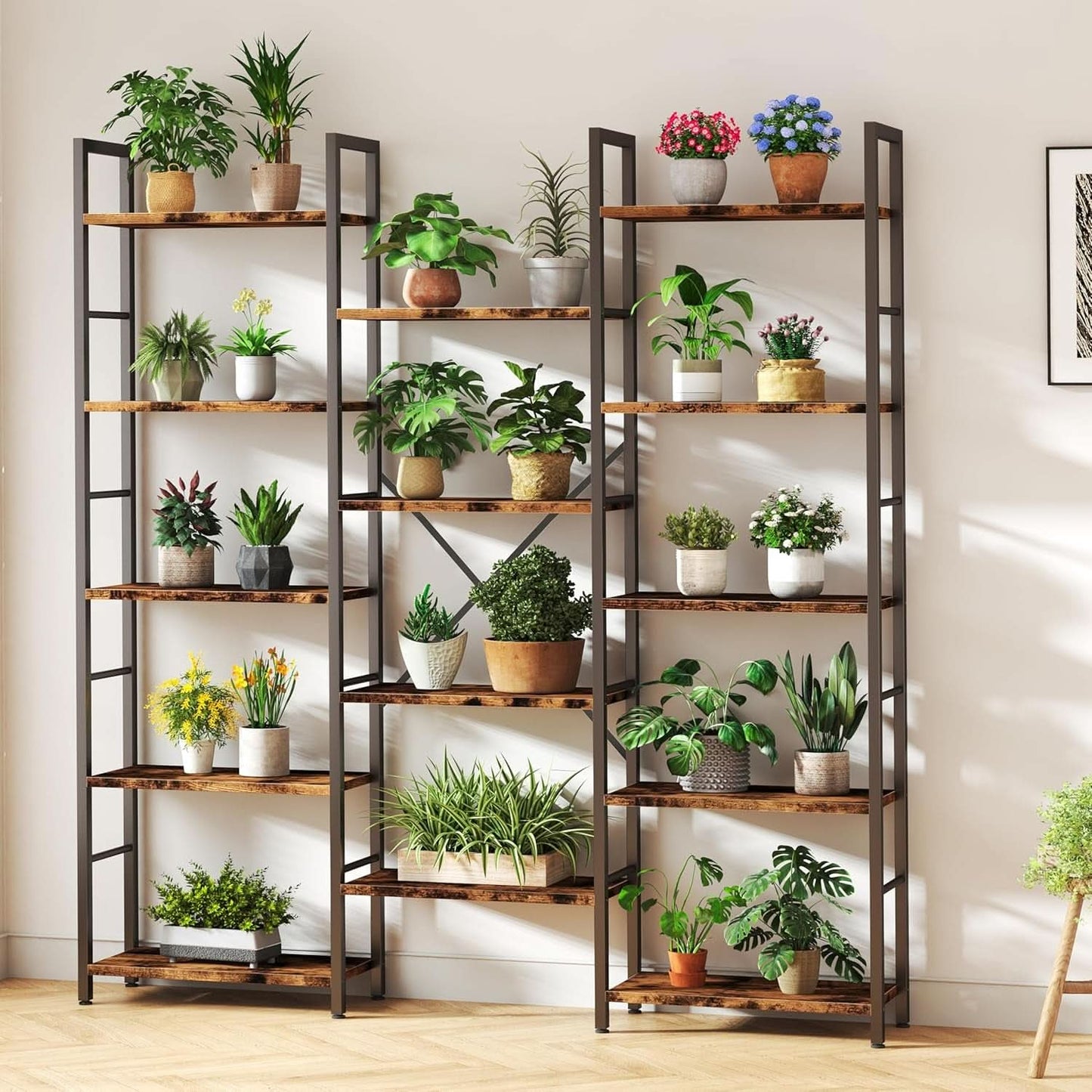 Rustic Brown Large Five Tier Bookshelf With Steel Frame