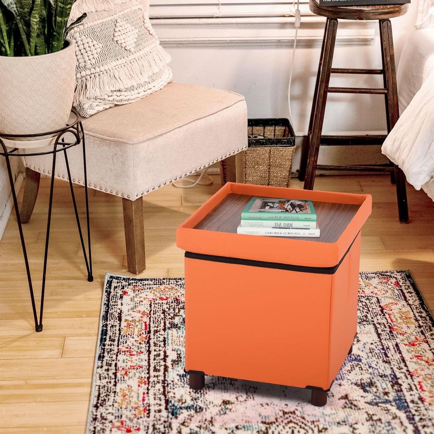 Orange Faux Leather Storage Ottoman With Wooden Tray
