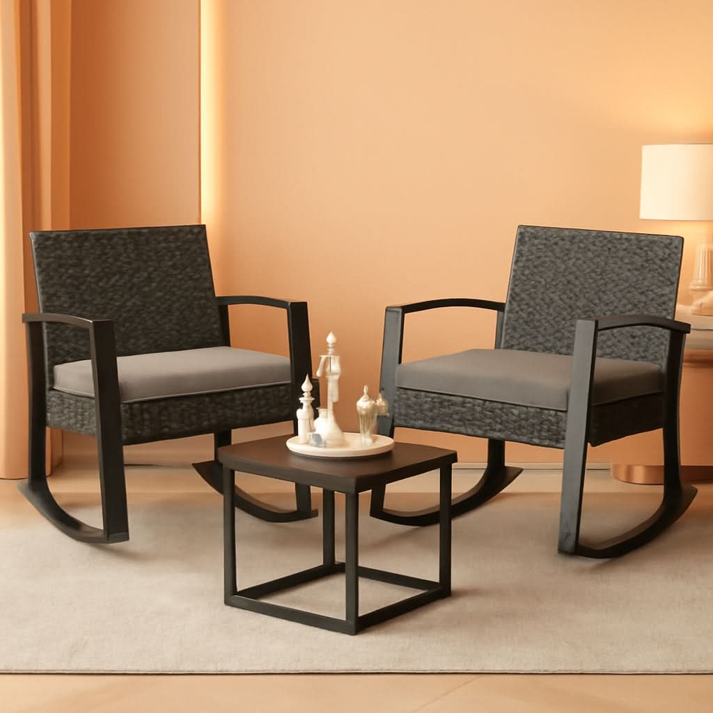3 Piece Rattan Rocking Bistro Set With Coffee Table Outdoor Patio Furniture Grey Cushions